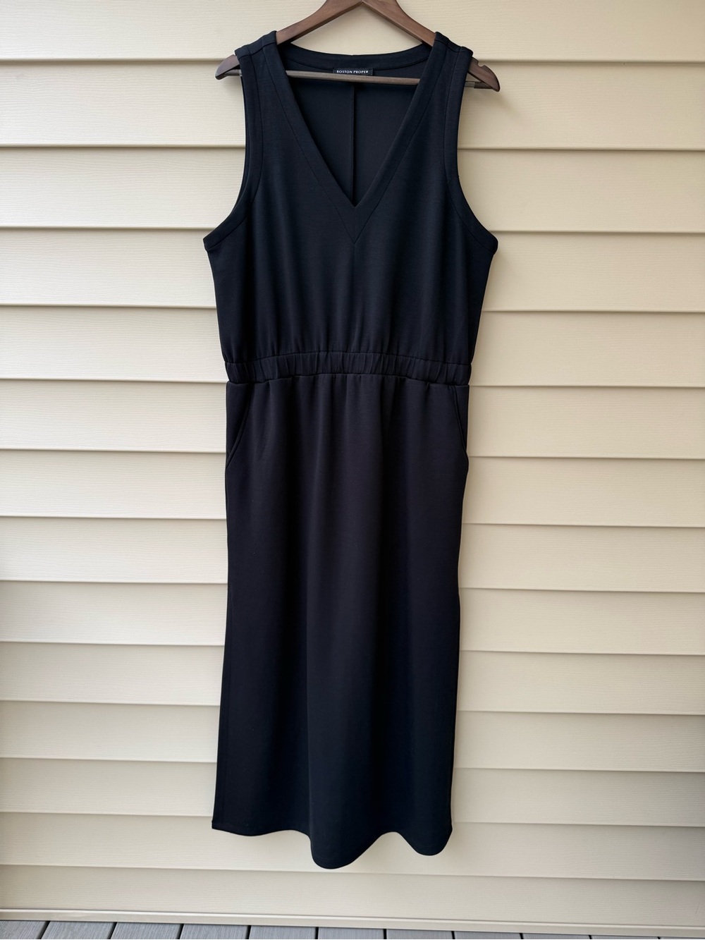 Boston Proper Black Maxi Dress XL V Neck Sleeveless Stretch Pockets